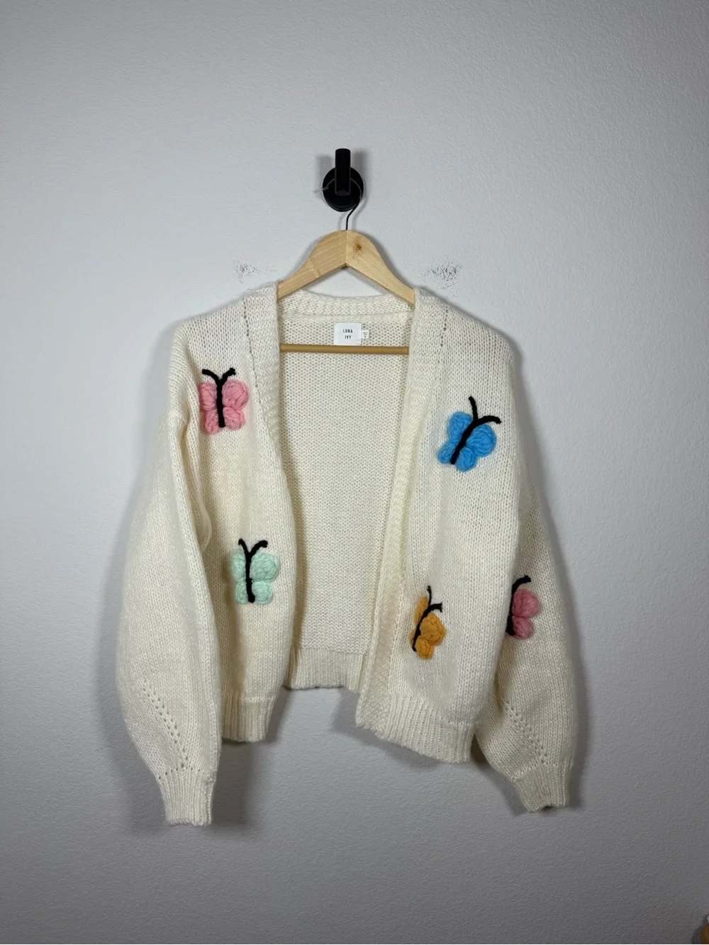Luna Ivy Chunky Knit Butterfly Cardigan 3D Novelty Open Front Size S
